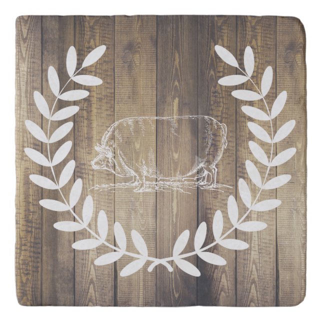 Farmhouse Country White Laurels Hog Wooden Planks Trivet (Front)