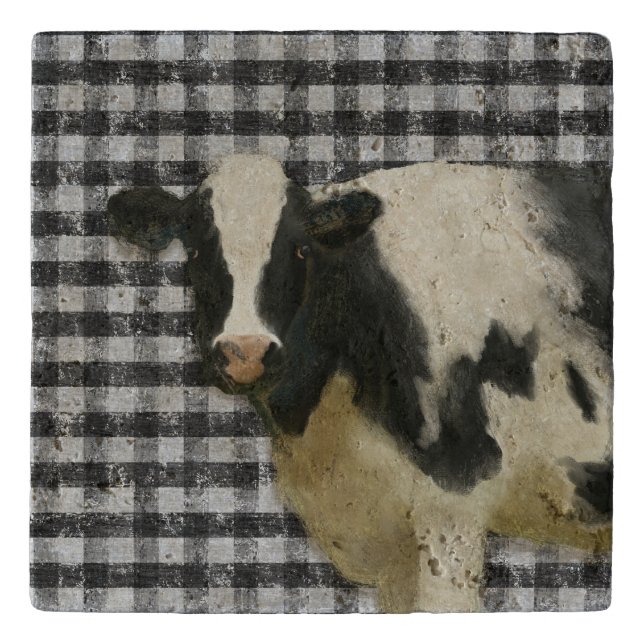 Farmhouse Cow Black n White Gingham Rustic Country Trivet (Front)