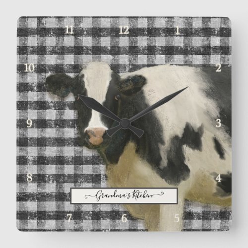 Farmhouse Cow Black n White Gingham Rustic Kitchen Square Wall Clock