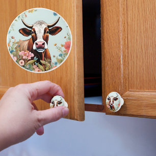 Farmhouse Cow in Flowers Ceramic Knob