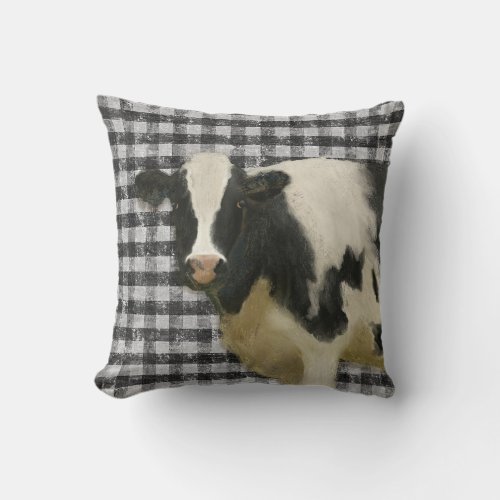 Farmhouse Cow Rustic Country Black and White Chic Throw Pillow