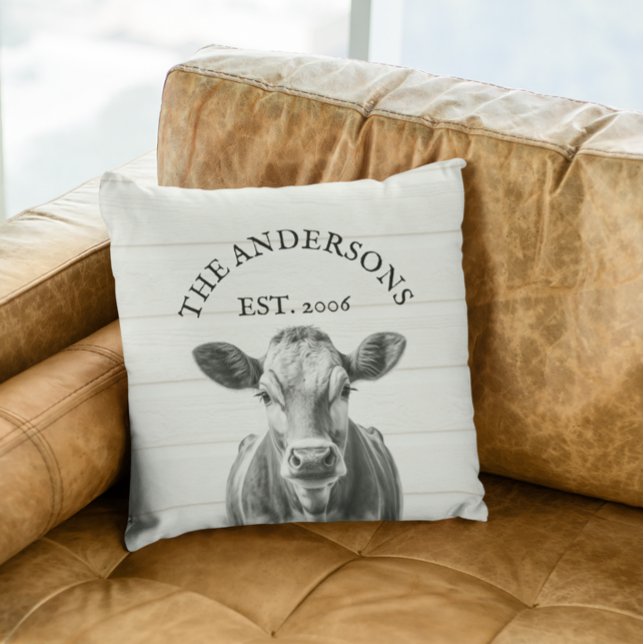 Farmhouse Cow  wood Look  Personalized  Throw Pillow (Creator Uploaded)