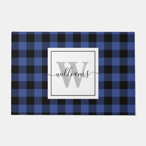 Farmhouse Custom Family Name Blue Buffalo Plaid Doormat