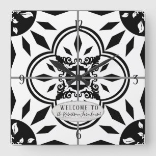 Farmhouse Damask Tile Pattern Wood Family Name Square Wall Clock