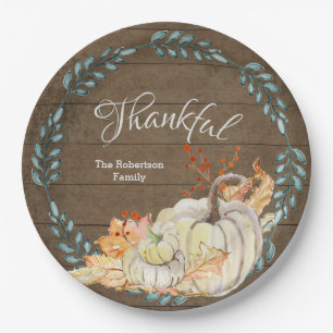 Farmhouse Decor Thankful Family Watercolor Pumpkin Paper Plates