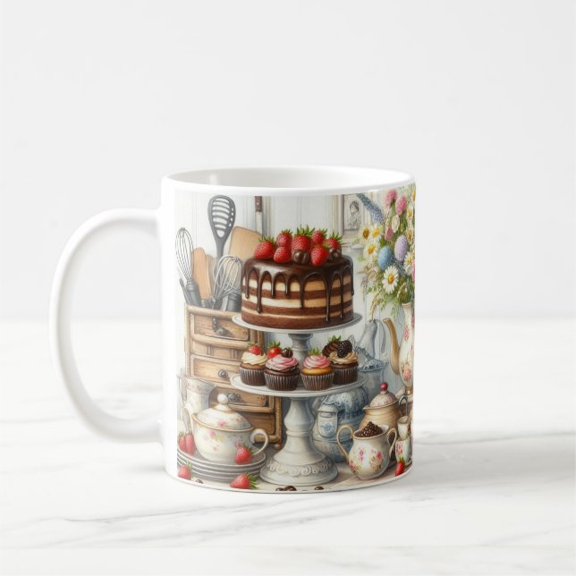 Farmhouse Dishes with Teapot and Cake Ceramic Mug (Left)
