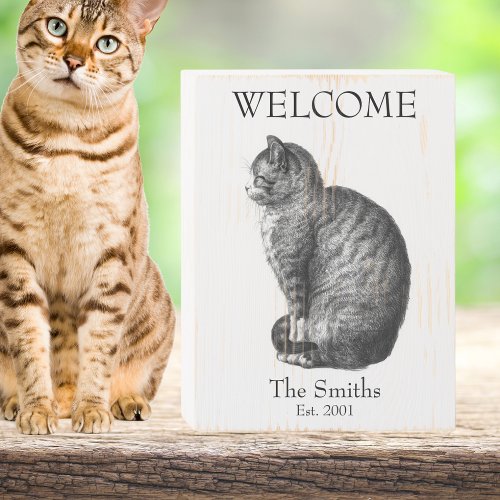 Farmhouse Distressed Kitty Cat Welcome Family Wooden Box Sign