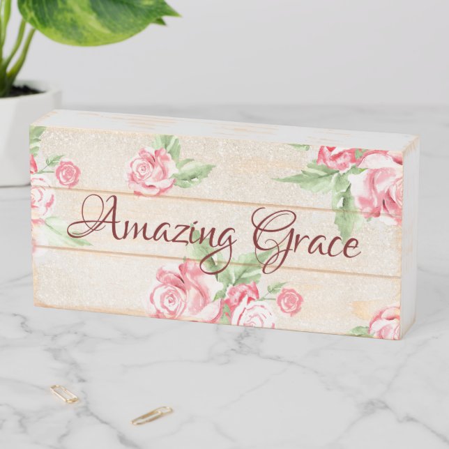 Farmhouse Distressed Rose Amazing Grace Wooden Box Sign (In Situ Horizontal)