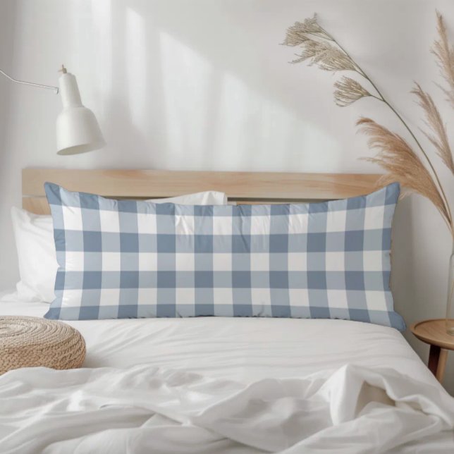 Farmhouse Dusty Blue Rustic Gingham Check Plaid Body Pillow (Creator Uploaded)
