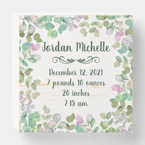 Farmhouse Eucalyptus Frame Birth Stats Wooden Box Sign