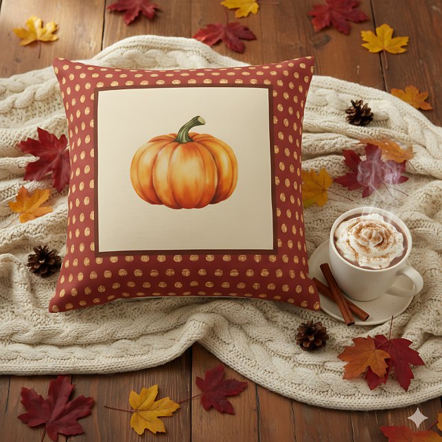 Farmhouse Fall Decor with Pumpkin - Retro Autumn  Throw Pillow (Decorative pumpkin pillow with fall leaves background.)