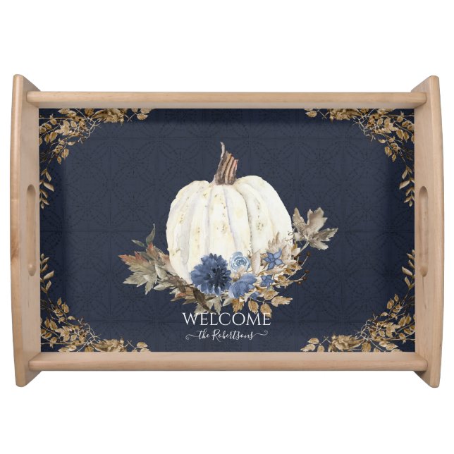Farmhouse Fall Foliage Navy Blue Floral Pumpkin Serving Tray (Front)