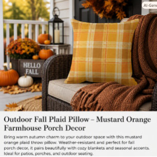 Farmhouse Fall Plaid Mustard Orange Porch Outdoor Pillow