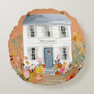 Farmhouse Fall Porch Monogram Round Pillow