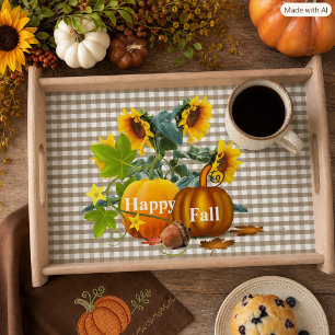 Farmhouse Fall Sunflower Pumpkin on Gingham Serving Tray