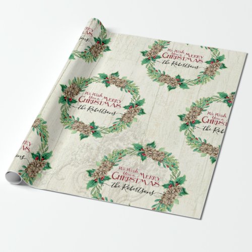 Farmhouse Family Merry Christmas Wreath Pine Cone Wrapping Paper