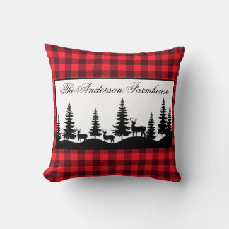 Farmhouse Family Name Buffalo Plaid and Deer Throw Pillow