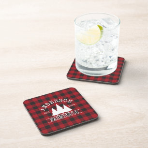 Farmhouse Family Name Red Buffalo Plaid Beverage Coaster