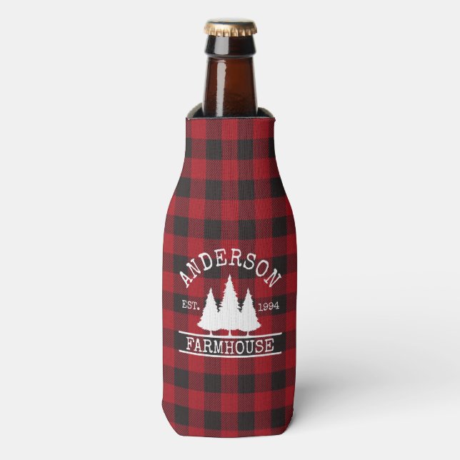 Farmhouse Family Name Red Buffalo Plaid Bottle Cooler (Bottle Front)