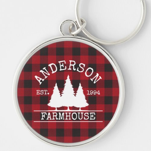 Farmhouse Family Name Red Buffalo Plaid Keychain