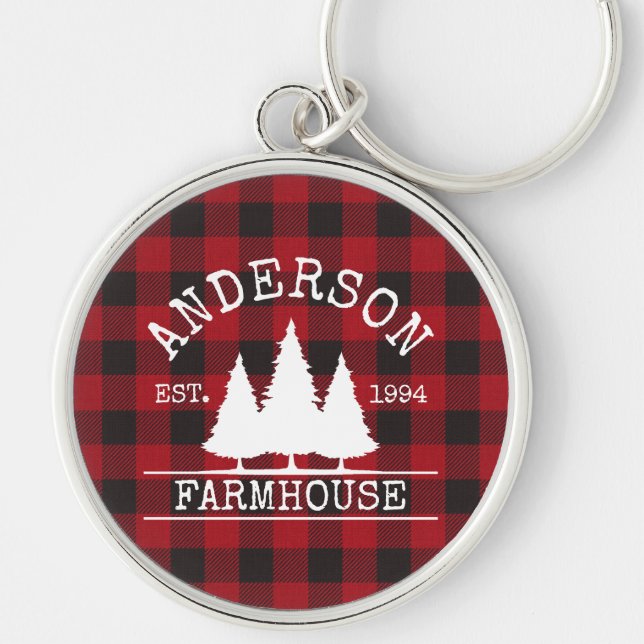 Farmhouse Family Name Red Buffalo Plaid Keychain (Front)
