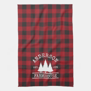 Farmhouse Family Name Red Buffalo Plaid Kitchen Towel
