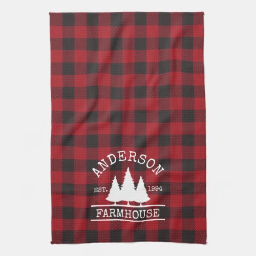 Farmhouse Family Name Red Buffalo Plaid Kitchen Towel