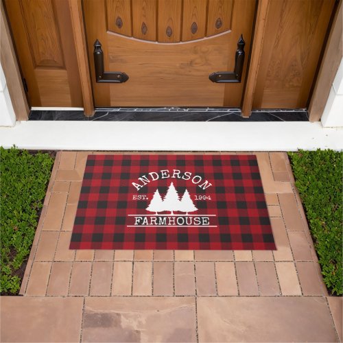 Farmhouse Family Name Red Buffalo Plaid Large Doormat