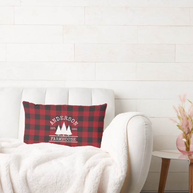 Farmhouse Family Name Red Buffalo Plaid Lumbar Pillow (Couch)