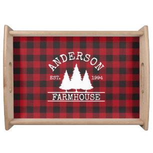 Farmhouse Family Name Red Buffalo Plaid Serving Tray