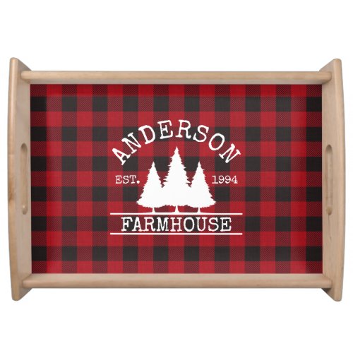 Farmhouse Family Name Red Buffalo Plaid Serving Tray