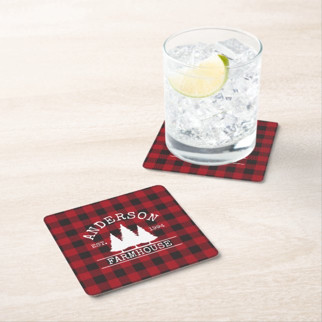 Farmhouse Family Name Red Buffalo Plaid Square Paper Coaster (Insitu)