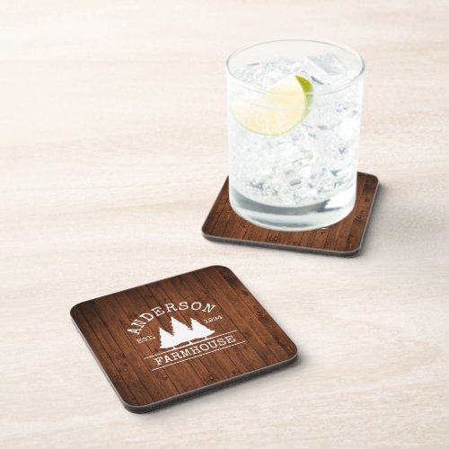 Farmhouse Family Name Rustic Wood Forest Beverage Coaster