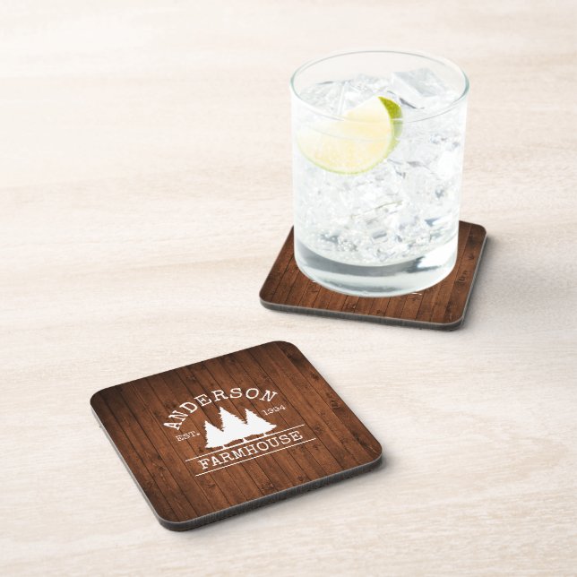 Farmhouse Family Name Rustic Wood Forest Beverage Coaster (Right Side)