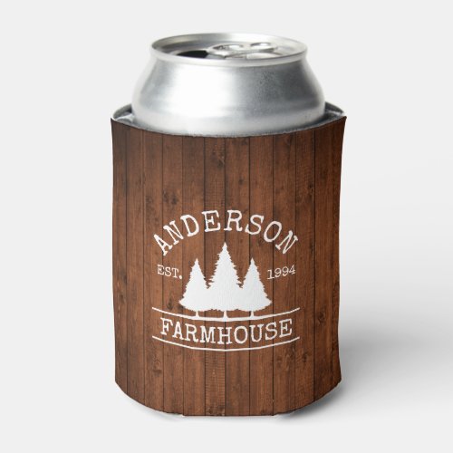 Farmhouse Family Name Rustic Wood Forest Can Cooler