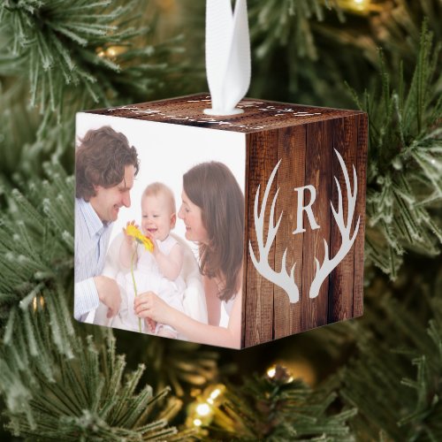 Farmhouse Family Photo  Deer Antlers Initial Cube Ornament