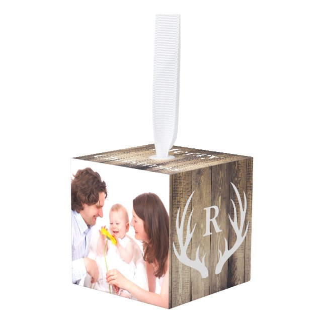 Farmhouse Family Photo & Deer Antlers Initial Cube Ornament (Front Angled)