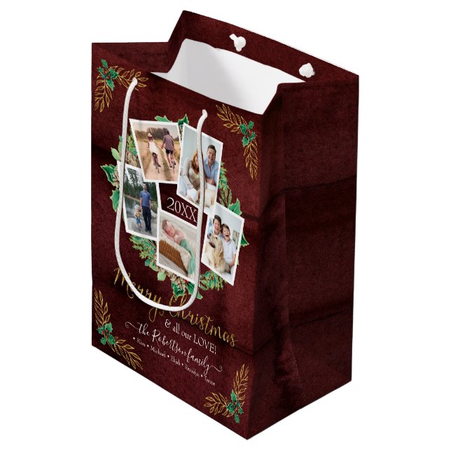 Farmhouse Family Photo Merry Christmas Wreath Wood Medium Gift Bag (Front Angled)