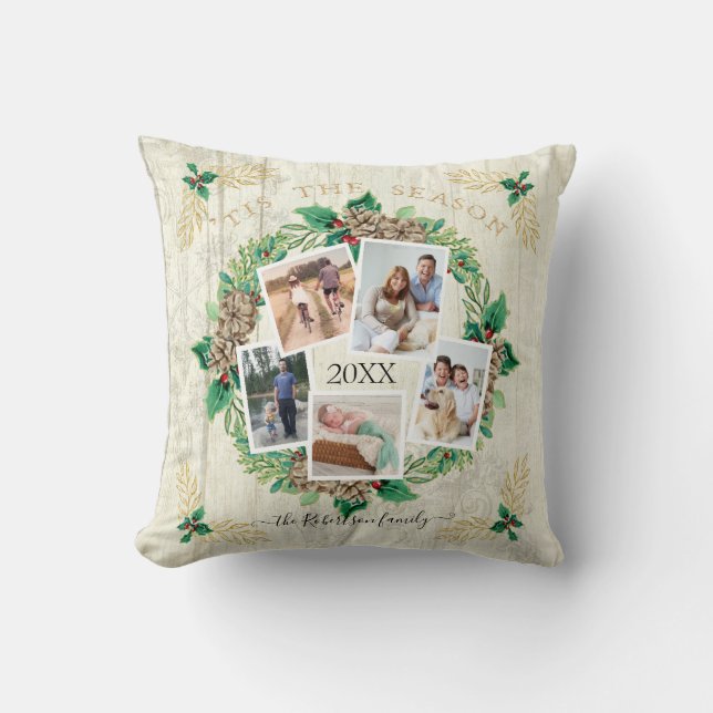 Farmhouse Family Photo Watercolor Pine Wreath Wood Throw Pillow (Front)