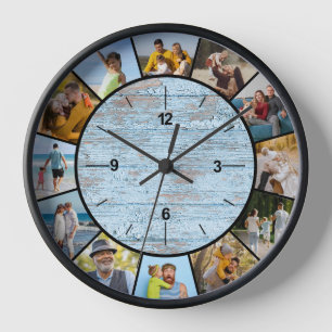 Farmhouse Faux Blue Wood Fence 12 Photo Collage Clock