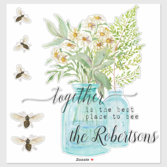 Farmhouse Floral Blue Glass w Bees Watercolor Sticker (Sheet)