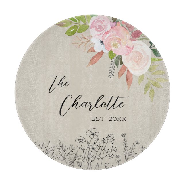 Farmhouse Floral Custom Established Year  Cutting Board (Front)