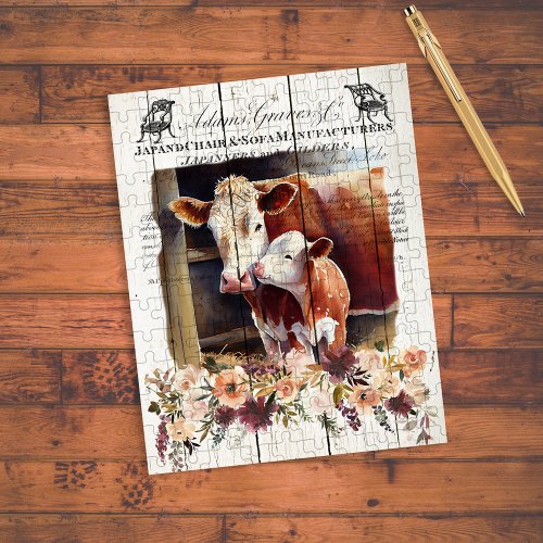 Farmhouse Floral Hereford Cows Jigsaw Puzzle