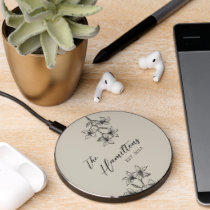 Farmhouse Floral Monogram Beige Wireless Charger