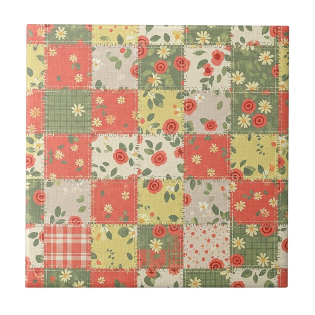 Farmhouse Floral Patchwork Pattern Ceramic Tile (Front)