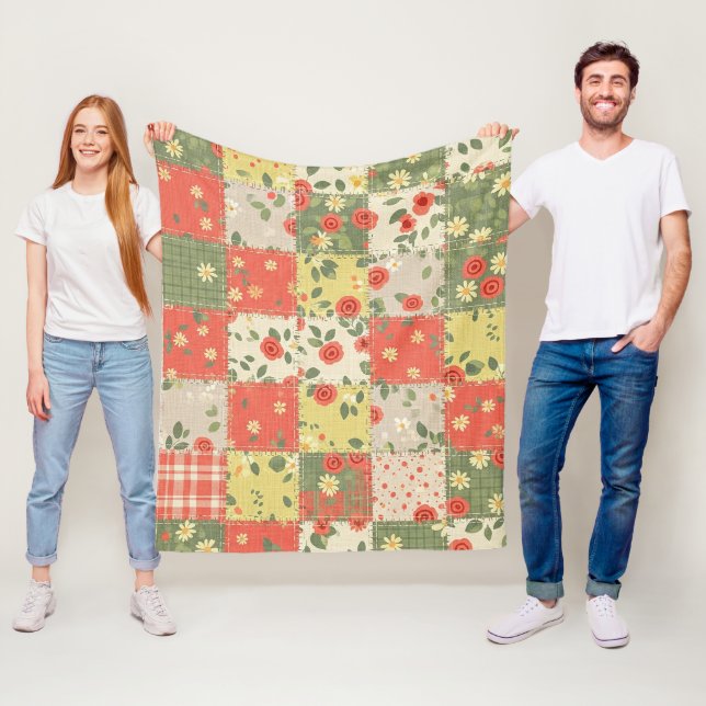Farmhouse Floral Patchwork Pattern Fleece Blanket (In Situ)