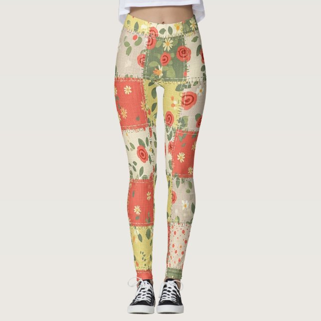 Farmhouse Floral Patchwork Pattern Leggings (Front)