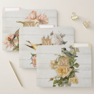 Farmhouse Floral Vintage Birds Rustic w Monogram File Folder