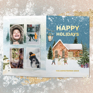 Farmhouse Four Photo Foil Snowman Children Holiday Card