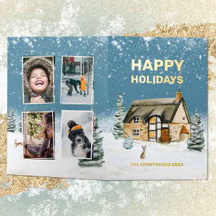 Farmhouse Four Photo Foil Winter Rabbit Foil Holiday Card
